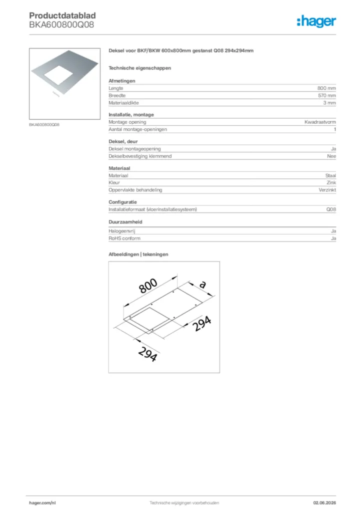 Afbeelding Hager Productdatablad BKA600800Q08 | Hager Nederland