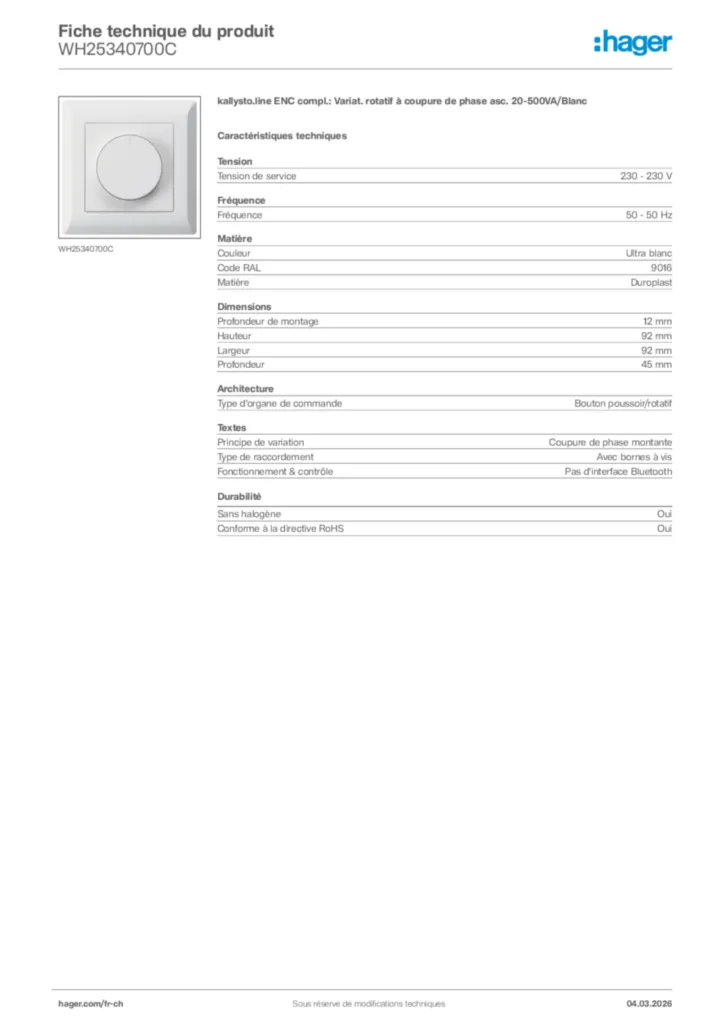 Image Hager Fiche technique du produit WH25340700C | Hager Suisse