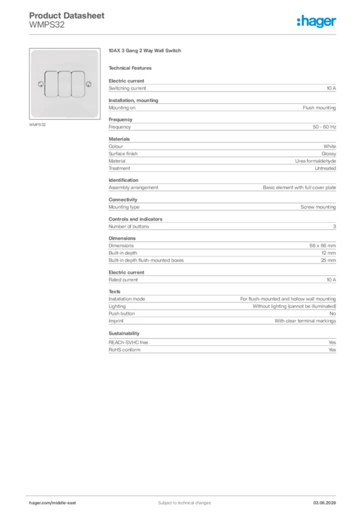 Image Hager Product data sheet WMPS32  | Hager