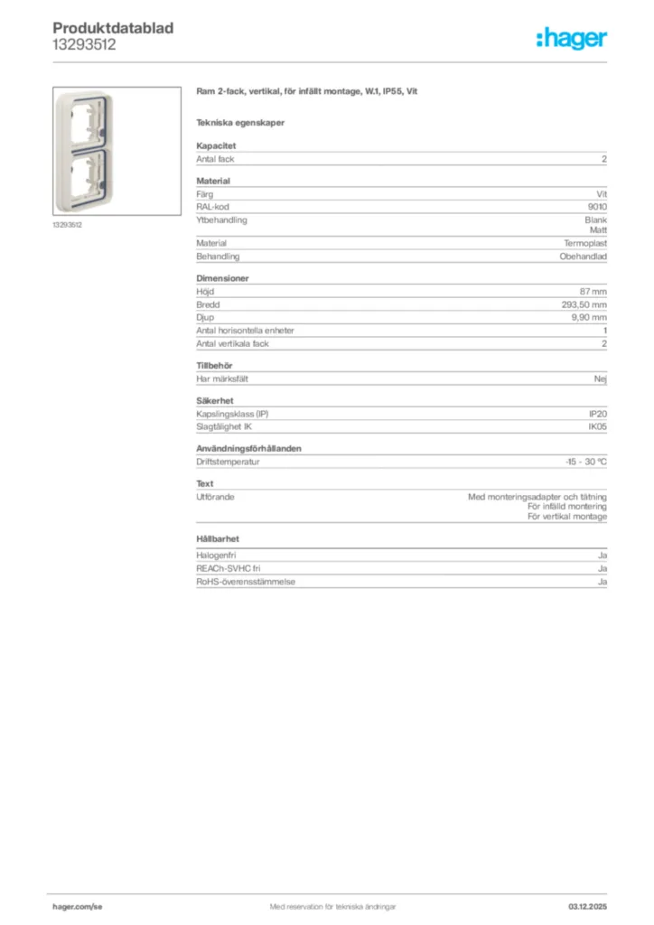 Bild Hager Produktdatablad 13293512 | Hager Sverige