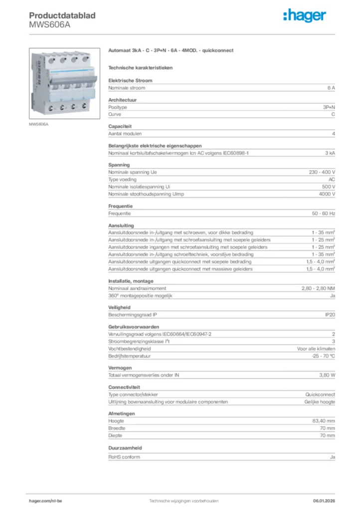 Afbeelding Hager Productdatablad MWS606A | Hager Belgium