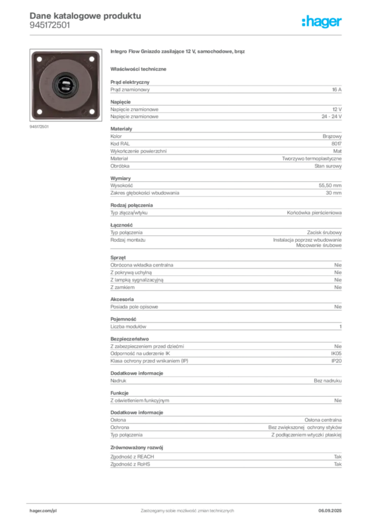 Zdjęcie Hager Dane katalogowe produktu 945172501 | Hager Polska