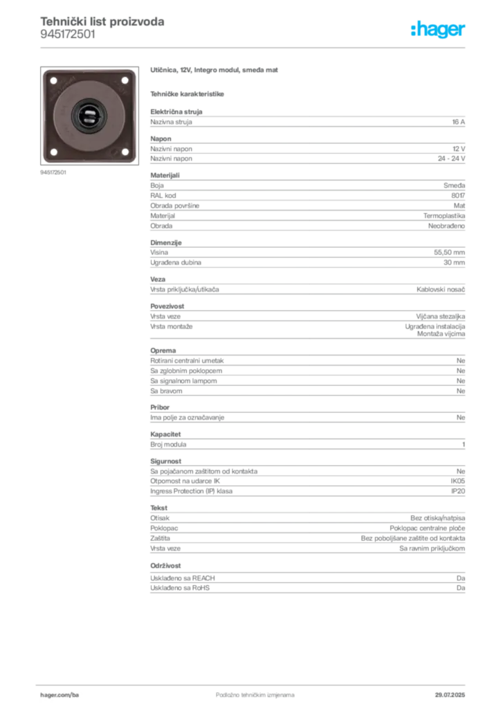 Slika Hager Product data sheet 945172501  | Hager