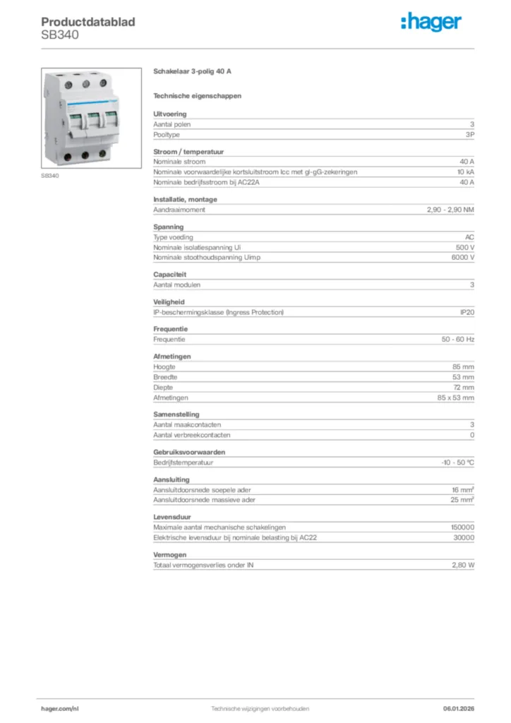 Afbeelding Hager Productdatablad SB340 | Hager Nederland
