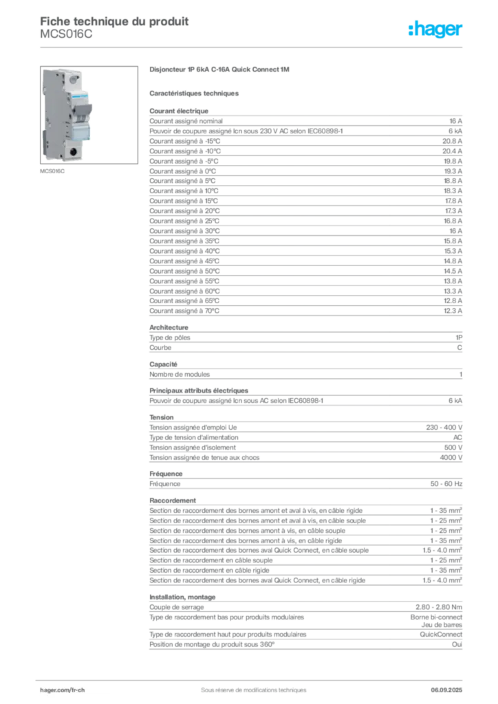 Image Hager Fiche technique du produit MCS016C | Hager Suisse