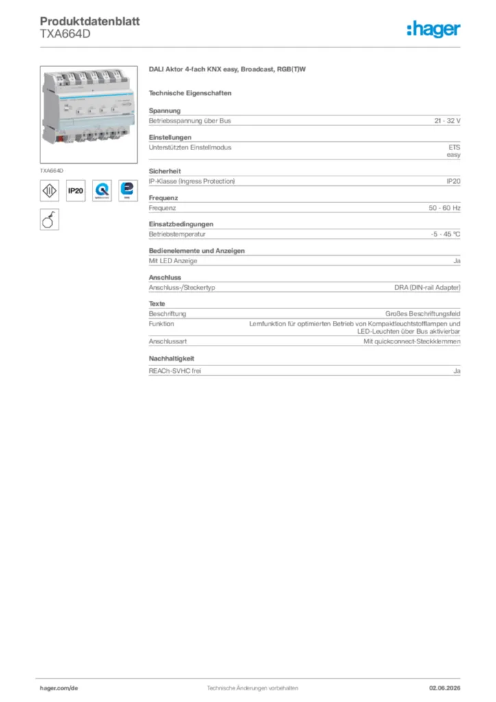 Bild Hager Produktdatenblatt TXA664D | Hager Deutschland