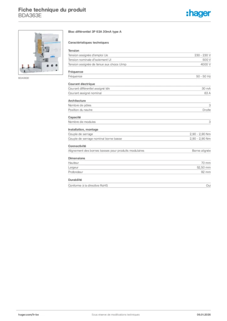 Image Hager Fiche technique du produit BDA363E | Hager Belgique