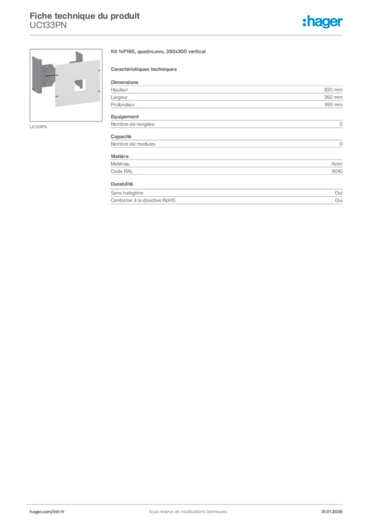 Image Hager Fiche technique du produit UC133PN | Hager Afrique