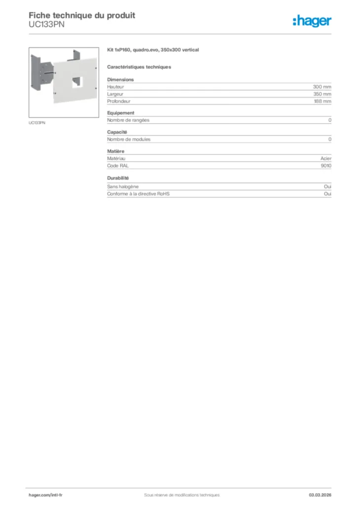 Image Hager Fiche technique du produit UC133PN | Hager Afrique