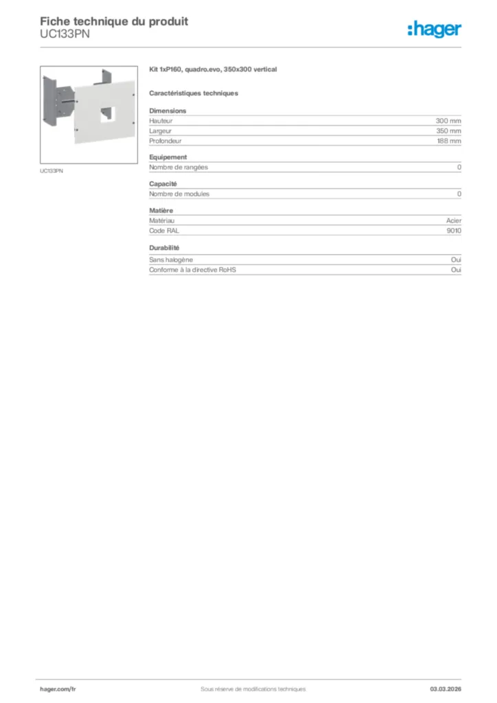 Image Hager Fiche technique du produit UC133PN | Hager France