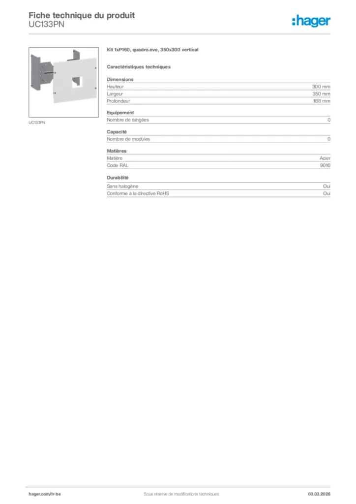 Image Hager Fiche technique du produit UC133PN | Hager Belgique