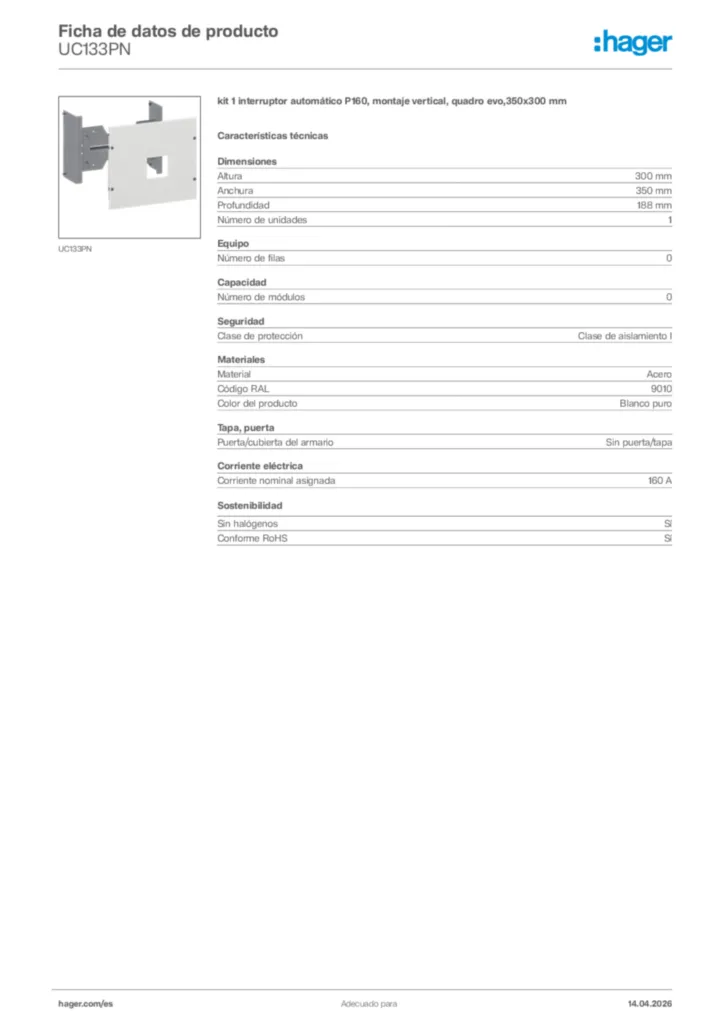 Imagen Hager Ficha de datos de producto UC133PN | Hager España