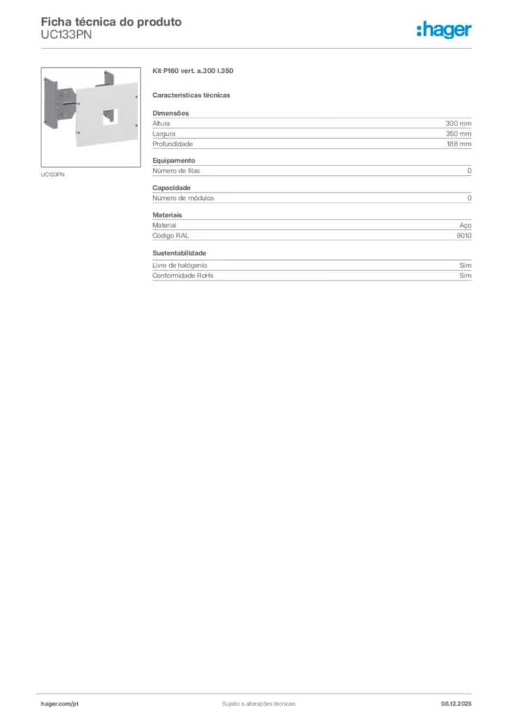 Imagem Hager Ficha técnica do produto UC133PN | Hager Portugal