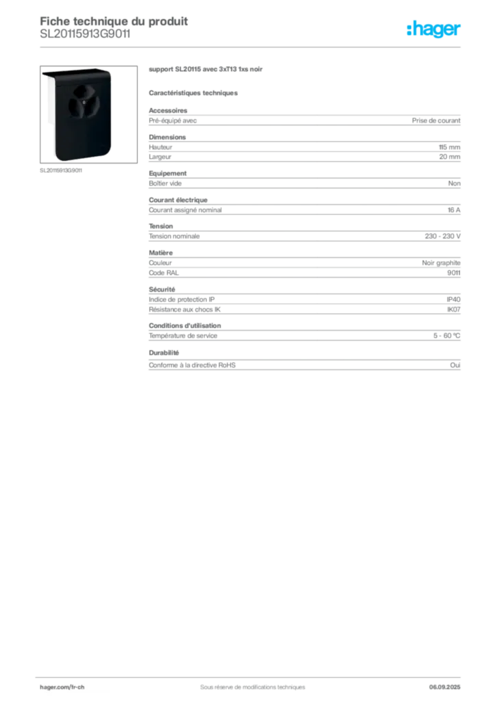 Image Hager Fiche technique du produit SL20115913G9011 | Hager Suisse