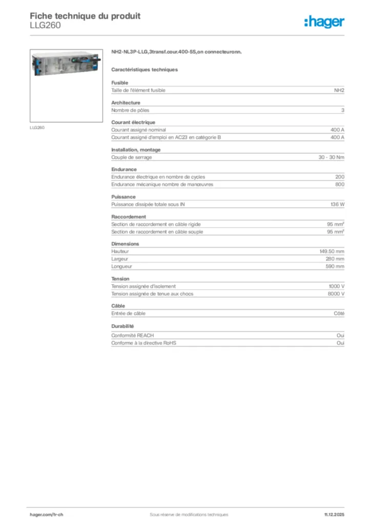 Image Hager Fiche technique du produit LLG260 | Hager Suisse