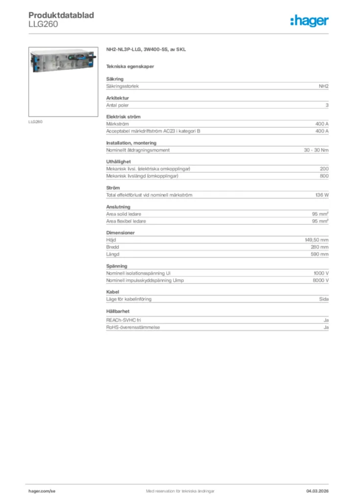 Bild Hager Produktdatablad LLG260 | Hager Sverige