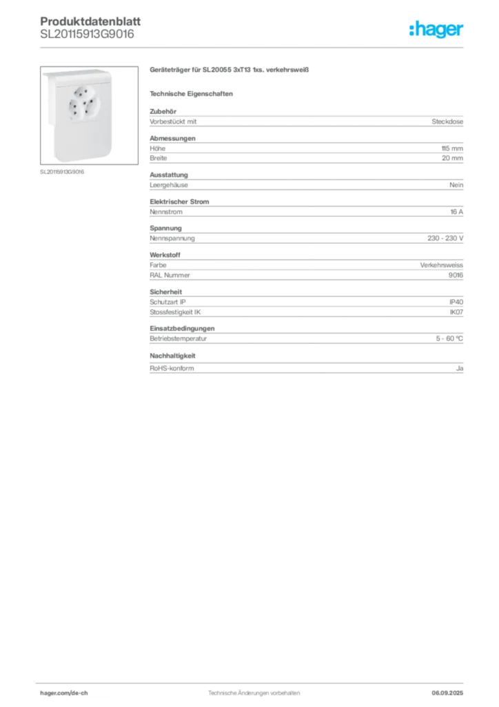 Bild Hager Produktdatenblatt SL20115913G9016 | Hager Schweiz