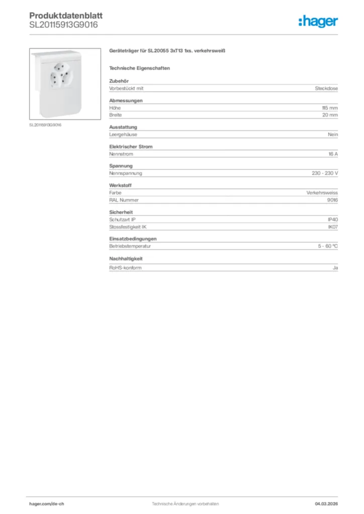 Bild Hager Produktdatenblatt SL20115913G9016 | Hager Schweiz