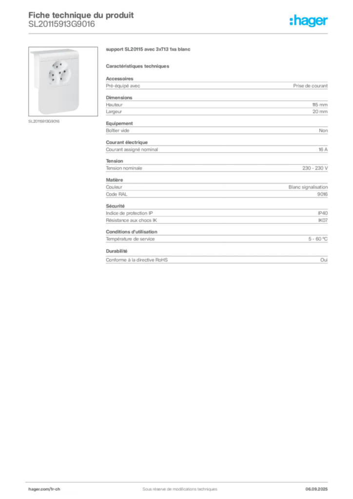 Image Hager Fiche technique du produit SL20115913G9016 | Hager Suisse