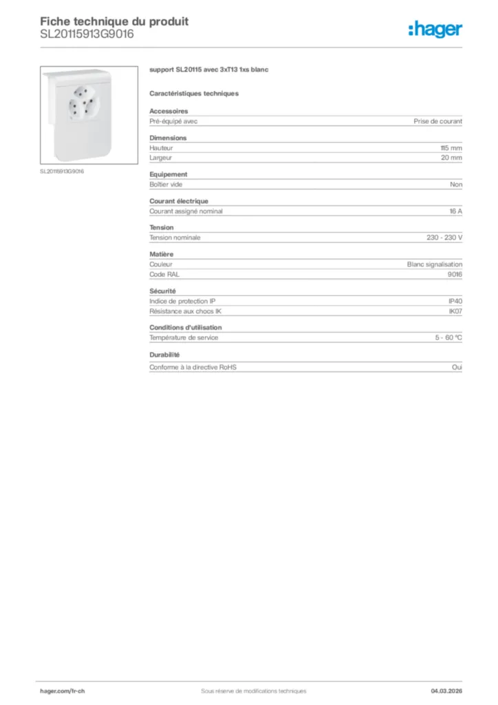 Image Hager Fiche technique du produit SL20115913G9016 | Hager Suisse