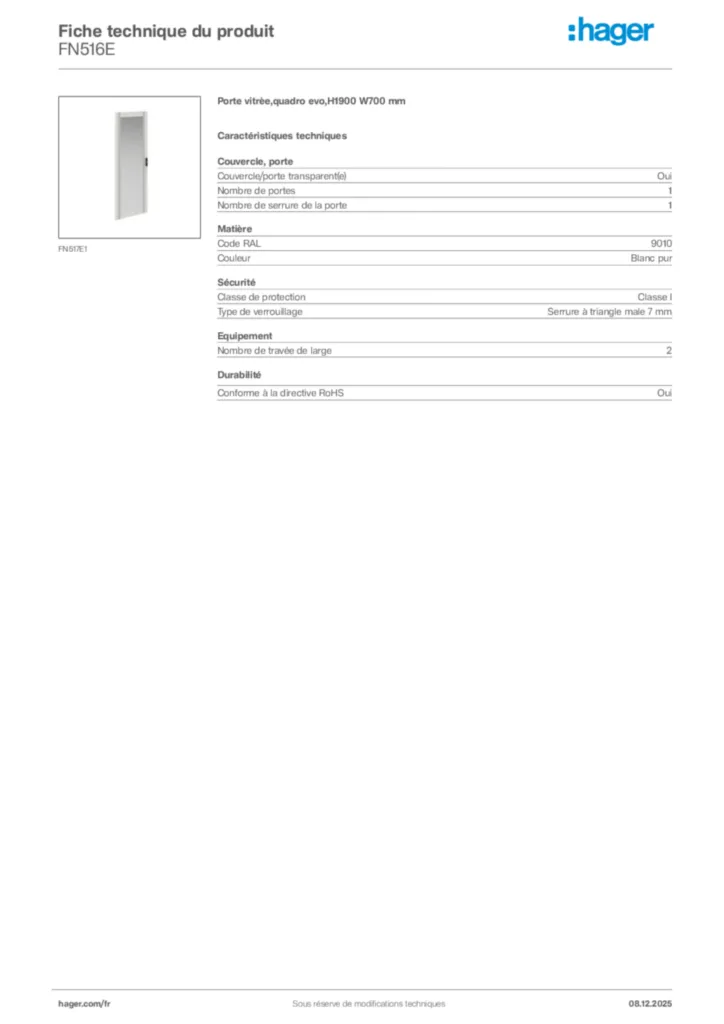 Image Hager Fiche technique du produit FN516E | Hager France
