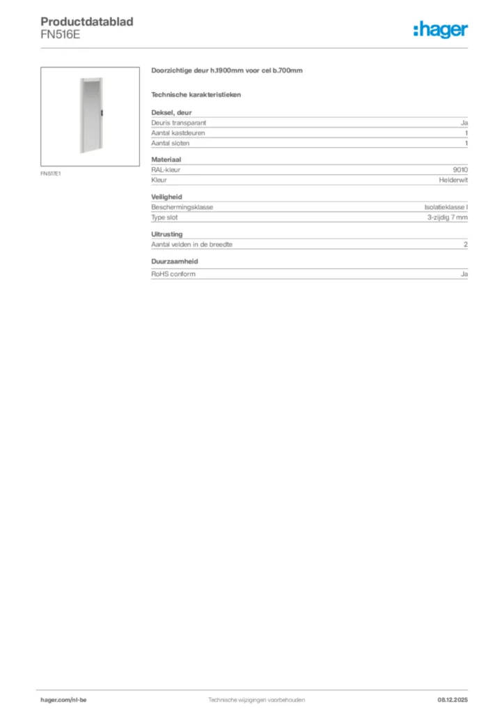 Afbeelding Hager Productdatablad FN516E | Hager Belgium