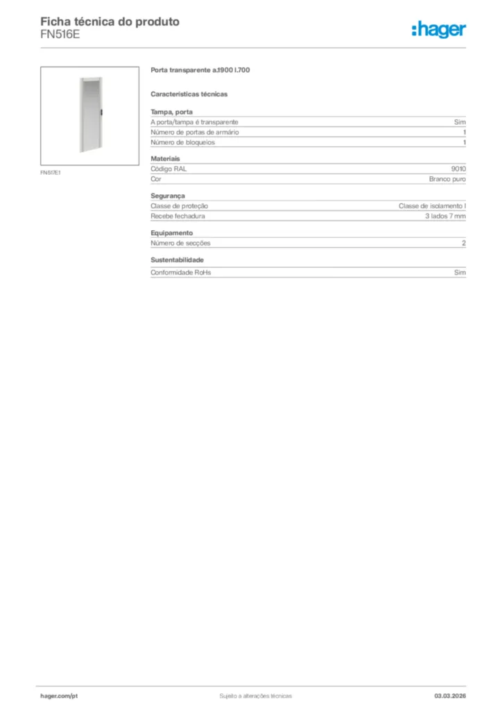 Imagem Hager Ficha técnica do produto FN516E | Hager Portugal