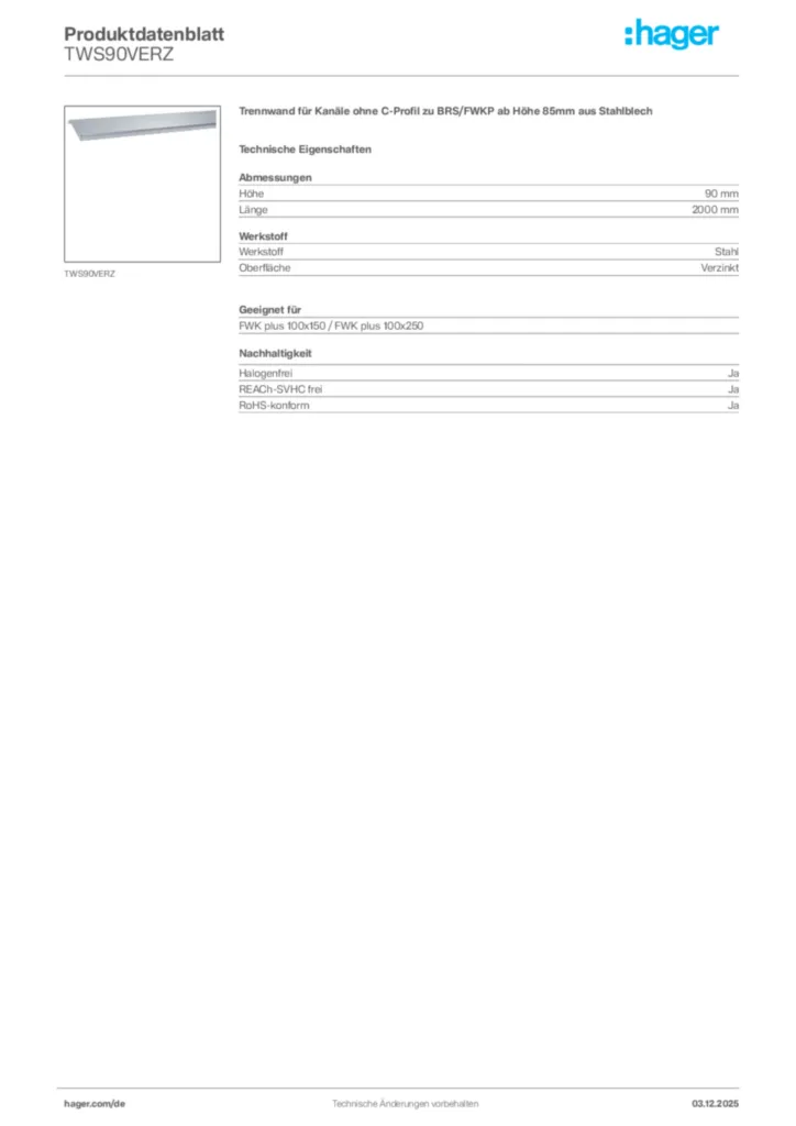 Bild Hager Produktdatenblatt TWS90VERZ | Hager Deutschland