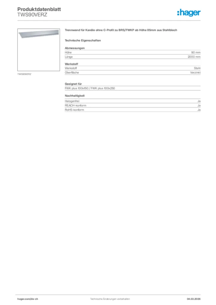 Bild Hager Produktdatenblatt TWS90VERZ | Hager Schweiz