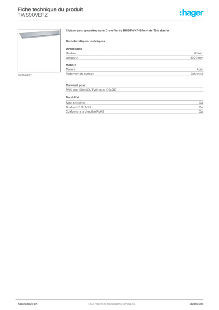 Image Hager Fiche technique du produit TWS90VERZ | Hager Suisse