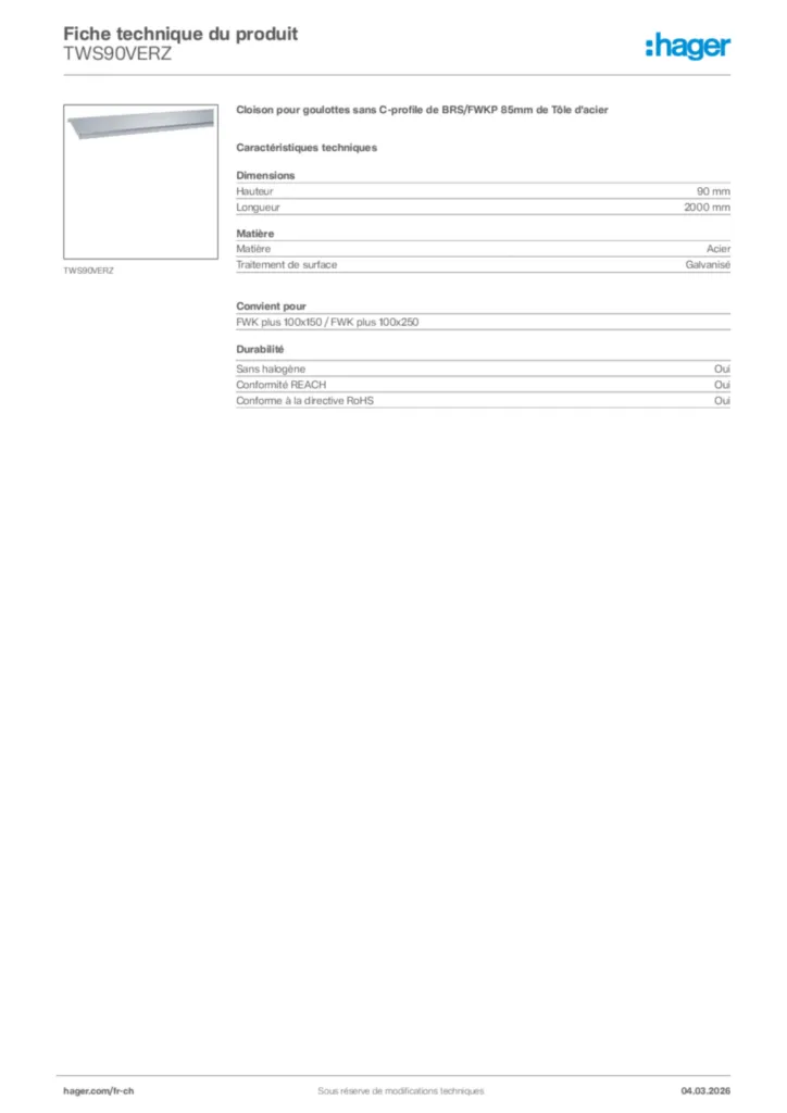 Image Hager Fiche technique du produit TWS90VERZ | Hager Suisse