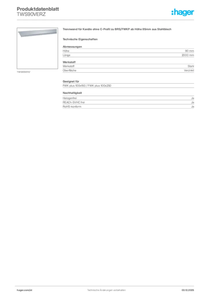 Bild Hager Produktdatenblatt TWS90VERZ | Hager Deutschland