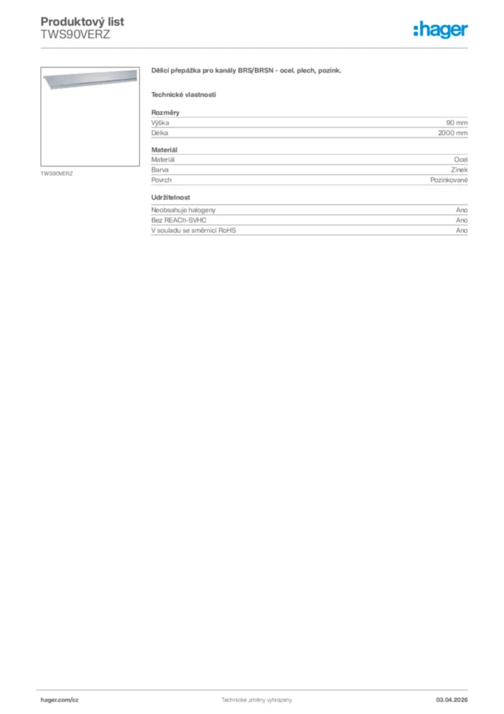 Obrázek Hager Product data sheet TWS90VERZ | Hager