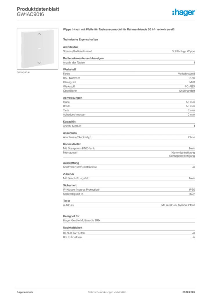 Hager Produktdatenblatt GW1AC9016