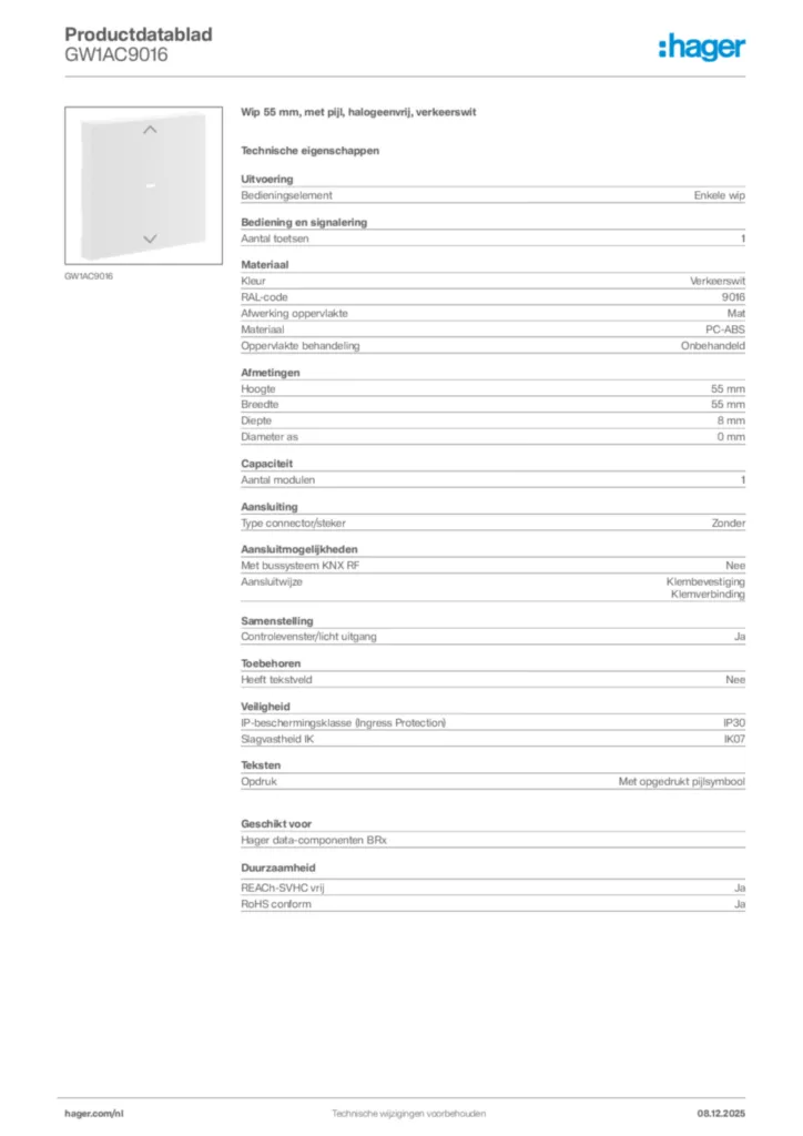 Afbeelding Hager Productdatablad GW1AC9016 | Hager Nederland