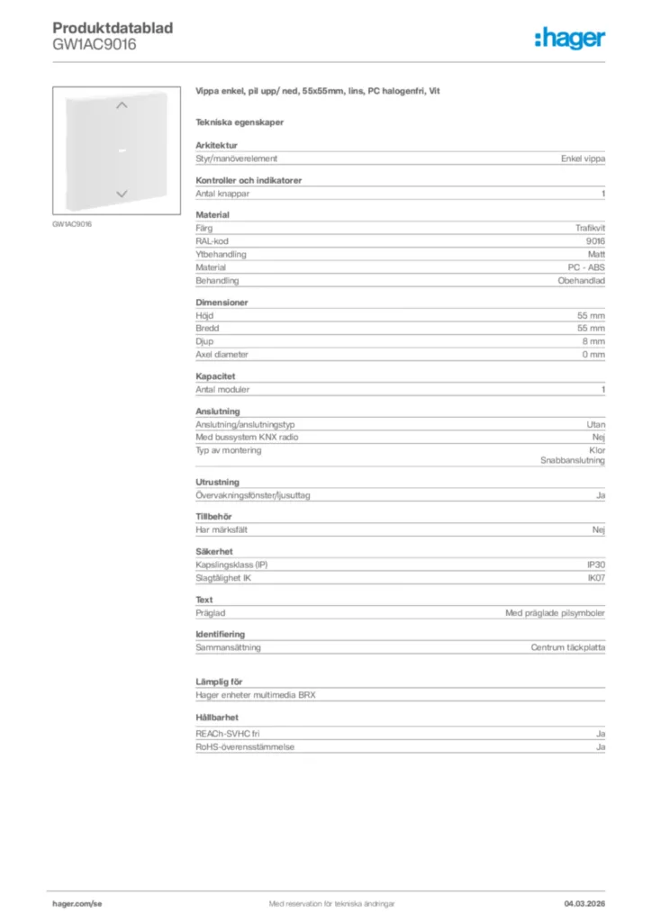 Bild Hager Produktdatablad GW1AC9016 | Hager Sverige