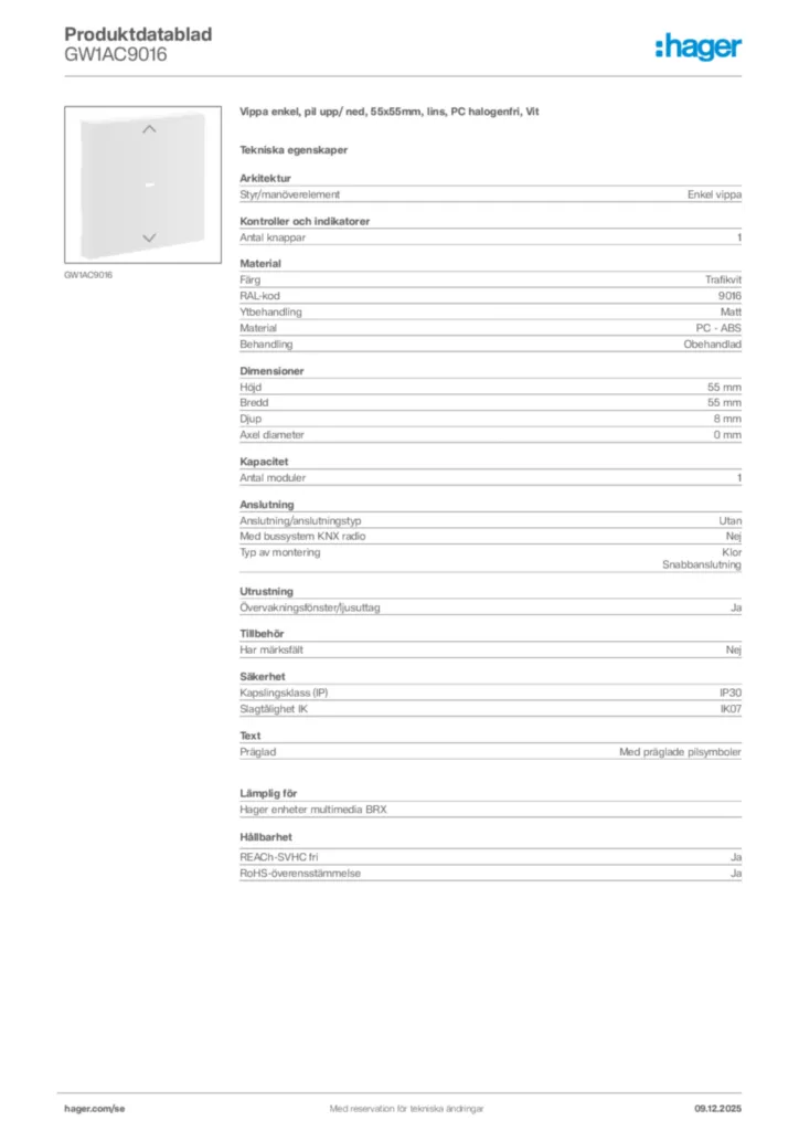 Bild Hager Produktdatablad GW1AC9016 | Hager Sverige