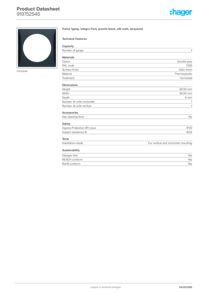 Image Hager Product data sheet 919752545  | Hager