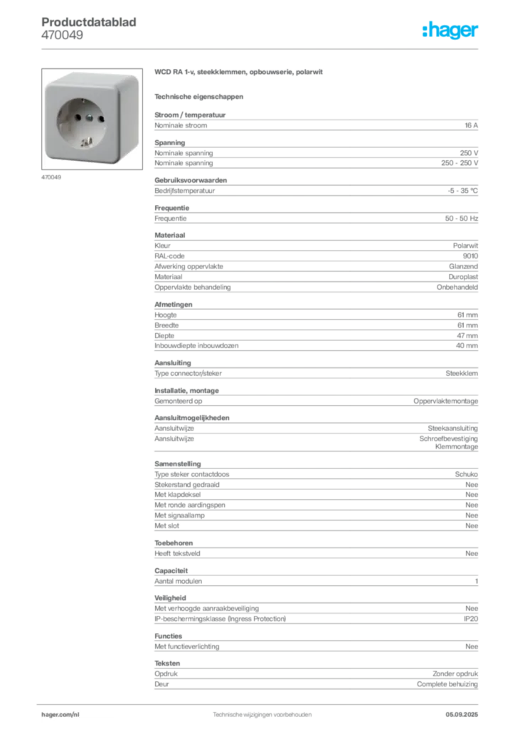 Afbeelding Hager Productdatablad 470049 | Hager Nederland