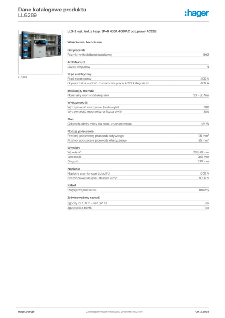 Zdjęcie Hager Karta katalogowa LLG289 | Hager Polska