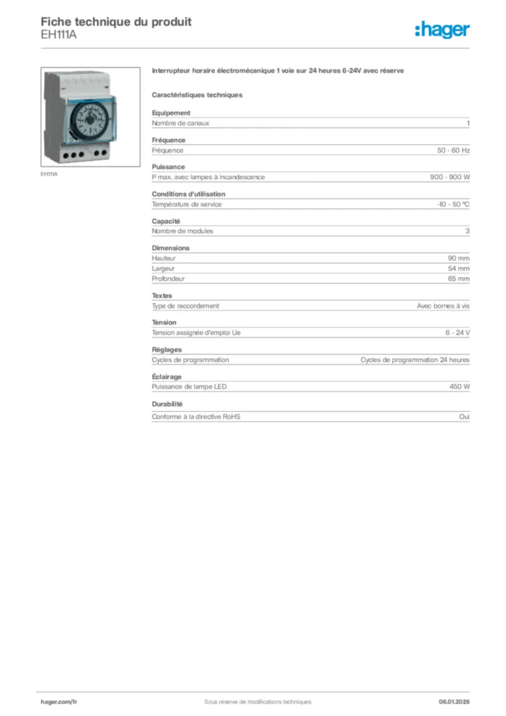 Image Hager Fiche technique du produit EH111A | Hager France