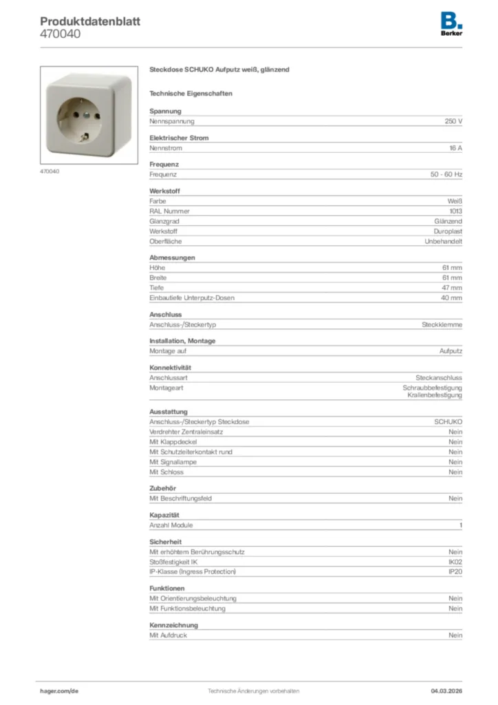 Bild Berker Produktdatenblatt 470040 | Hager Deutschland