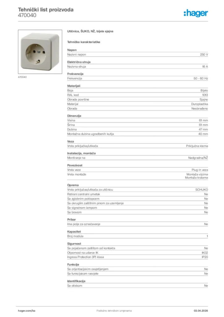 Slika Hager Tehnički list proizvoda 470040  | Hager