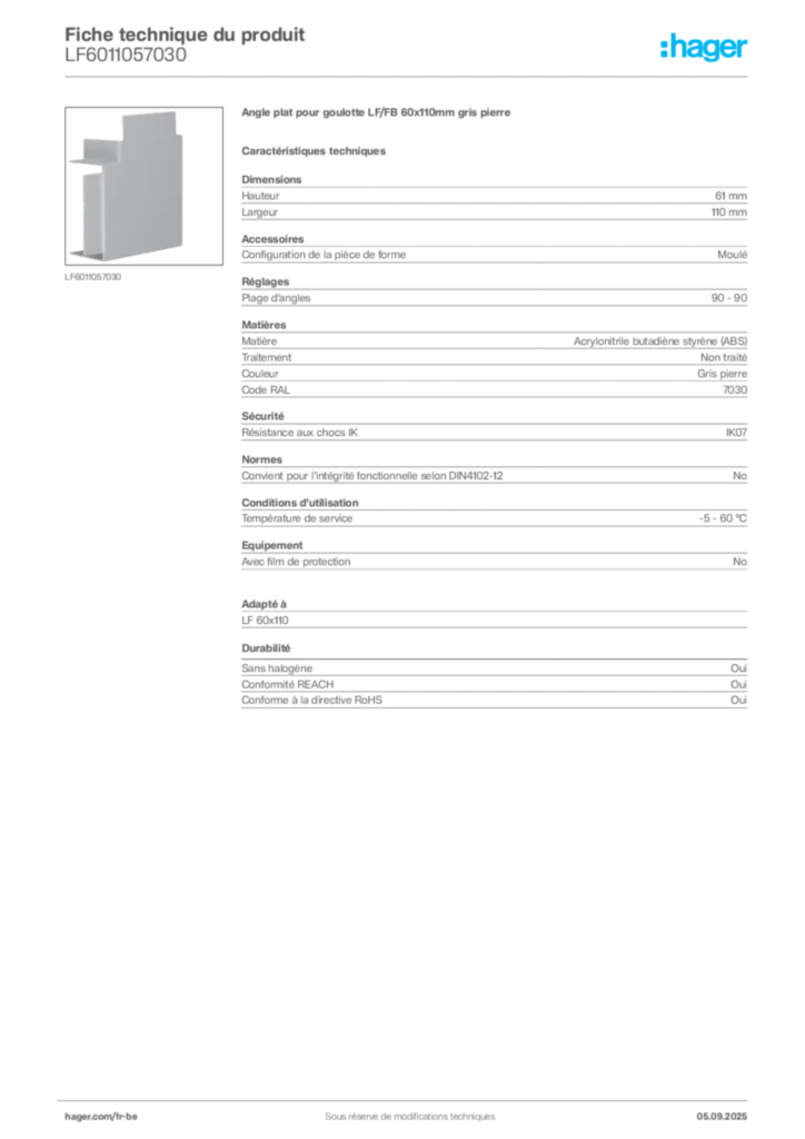 Image Hager Fiche technique du produit LF6011057030 | Hager Belgique