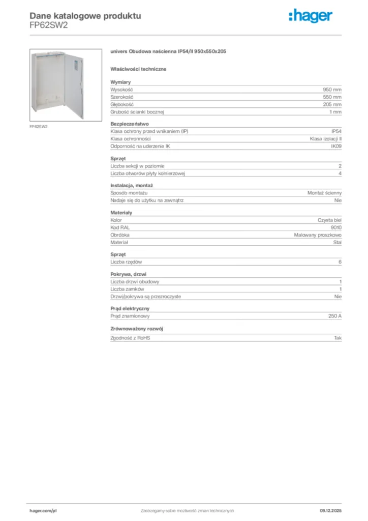 Zdjęcie Hager Karta katalogowa FP62SW2 | Hager Polska