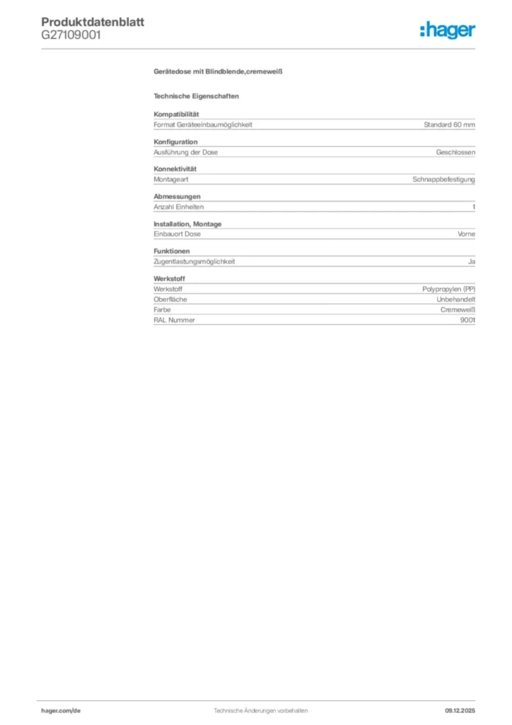 Bild Hager Produktdatenblatt G27109001 | Hager Deutschland