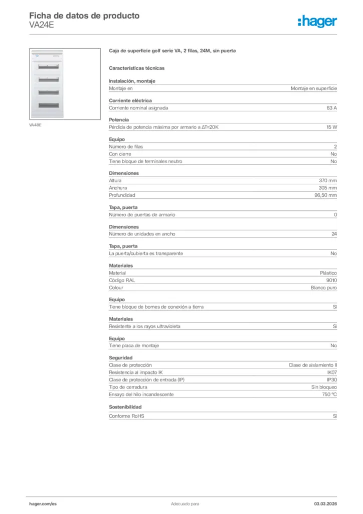 Imagen Hager Ficha de datos de producto VA24E | Hager España