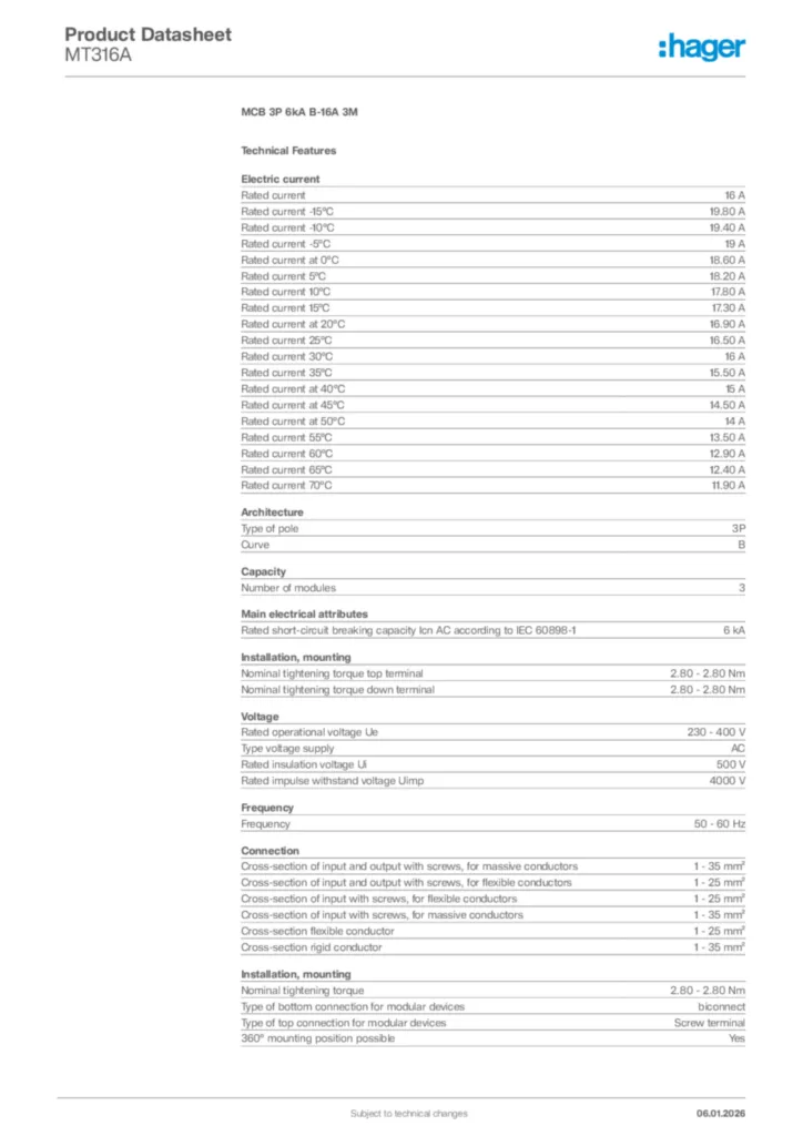 Image Hager Product data sheet MT316A  | Hager Africa