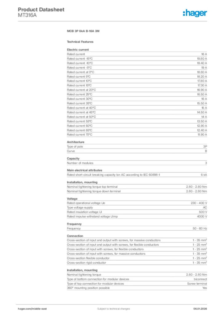 Image Hager Product data sheet MT316A  | Hager