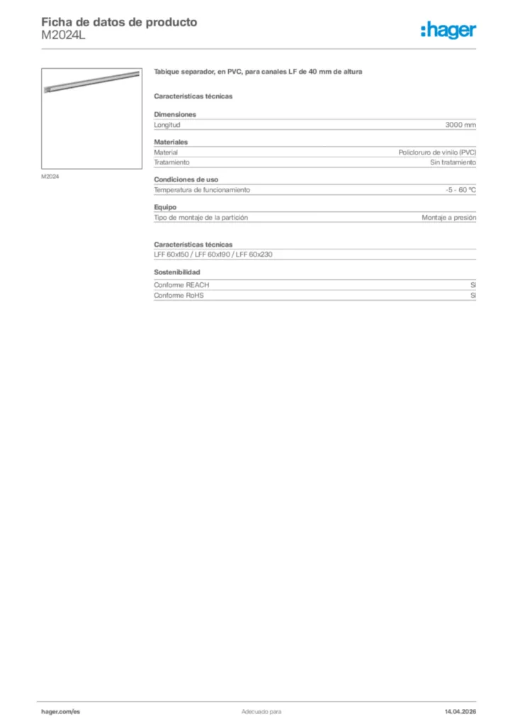 Imagen Hager Ficha de datos de producto M2024L | Hager España